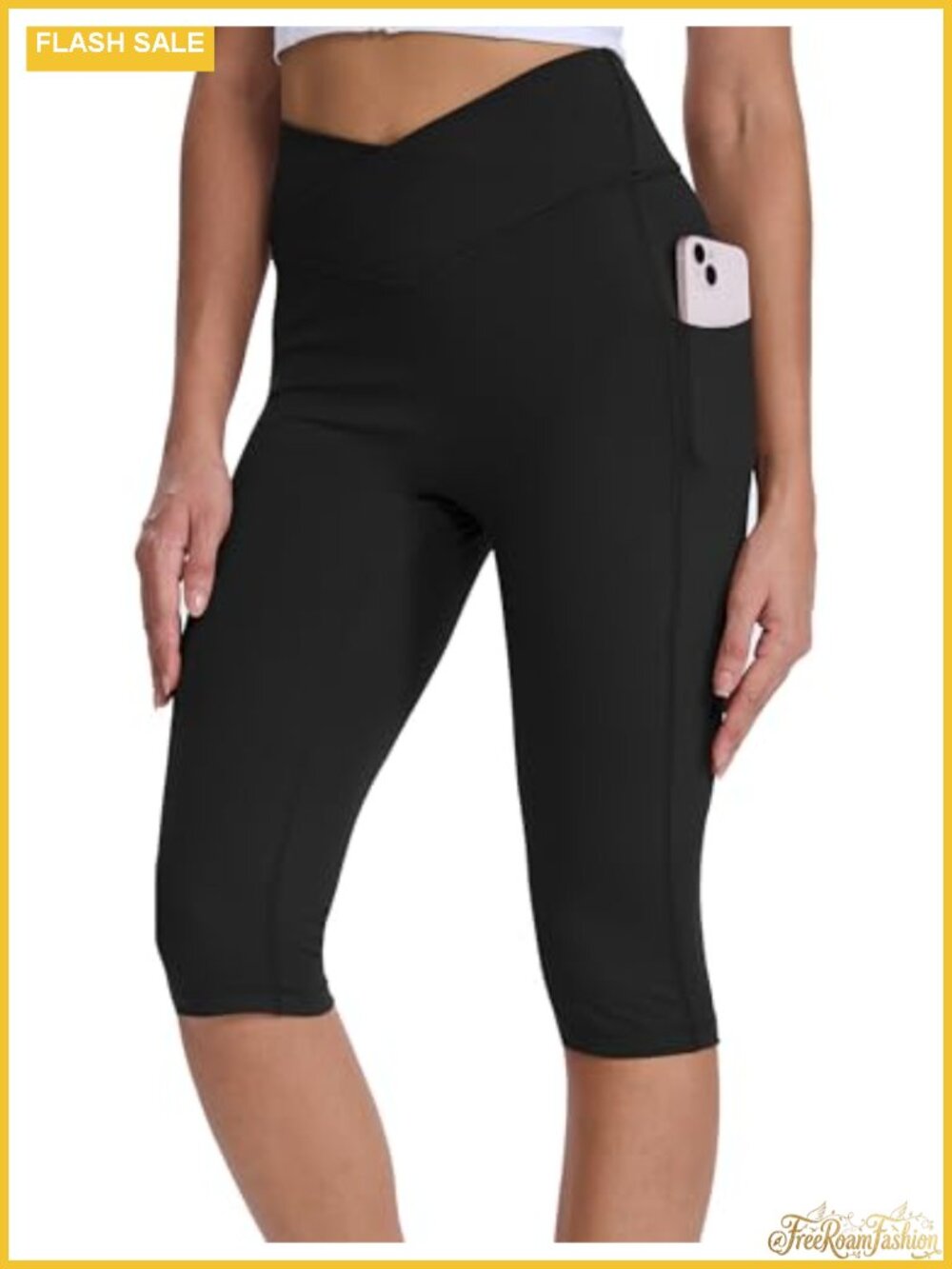 Women's Capri Leggings with Pockets, High-Waisted Yoga Pants, 4-Way Stretch,